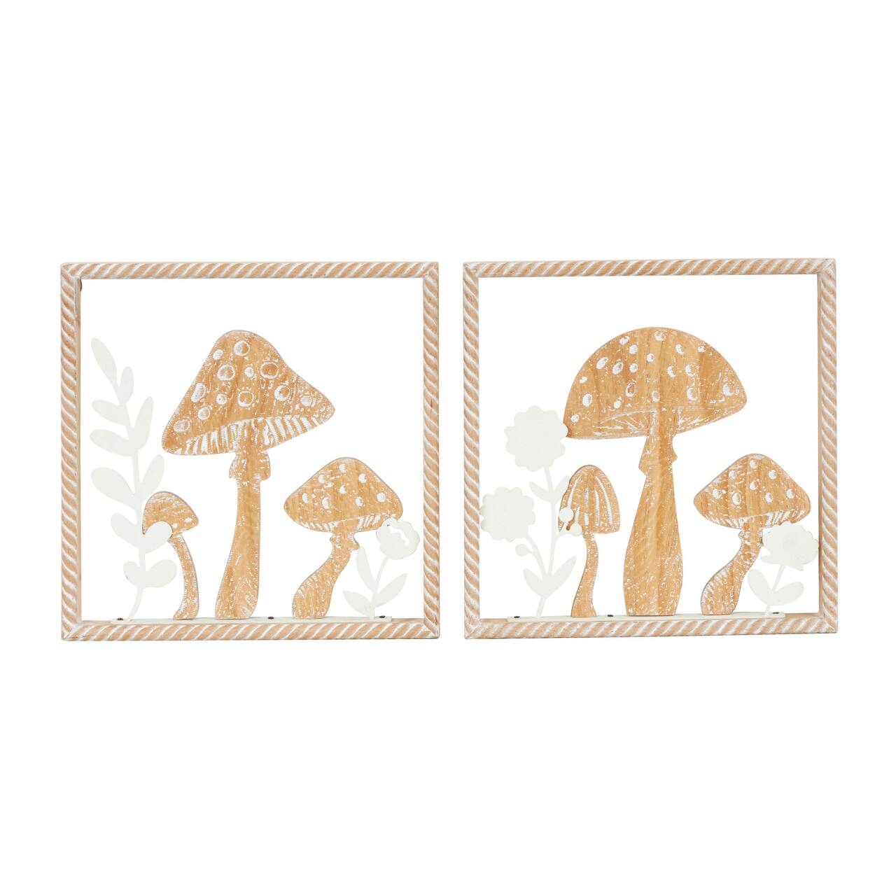 Brown Mushroom Cutouts with Carved Twisted Frames and White Floral Accents Set